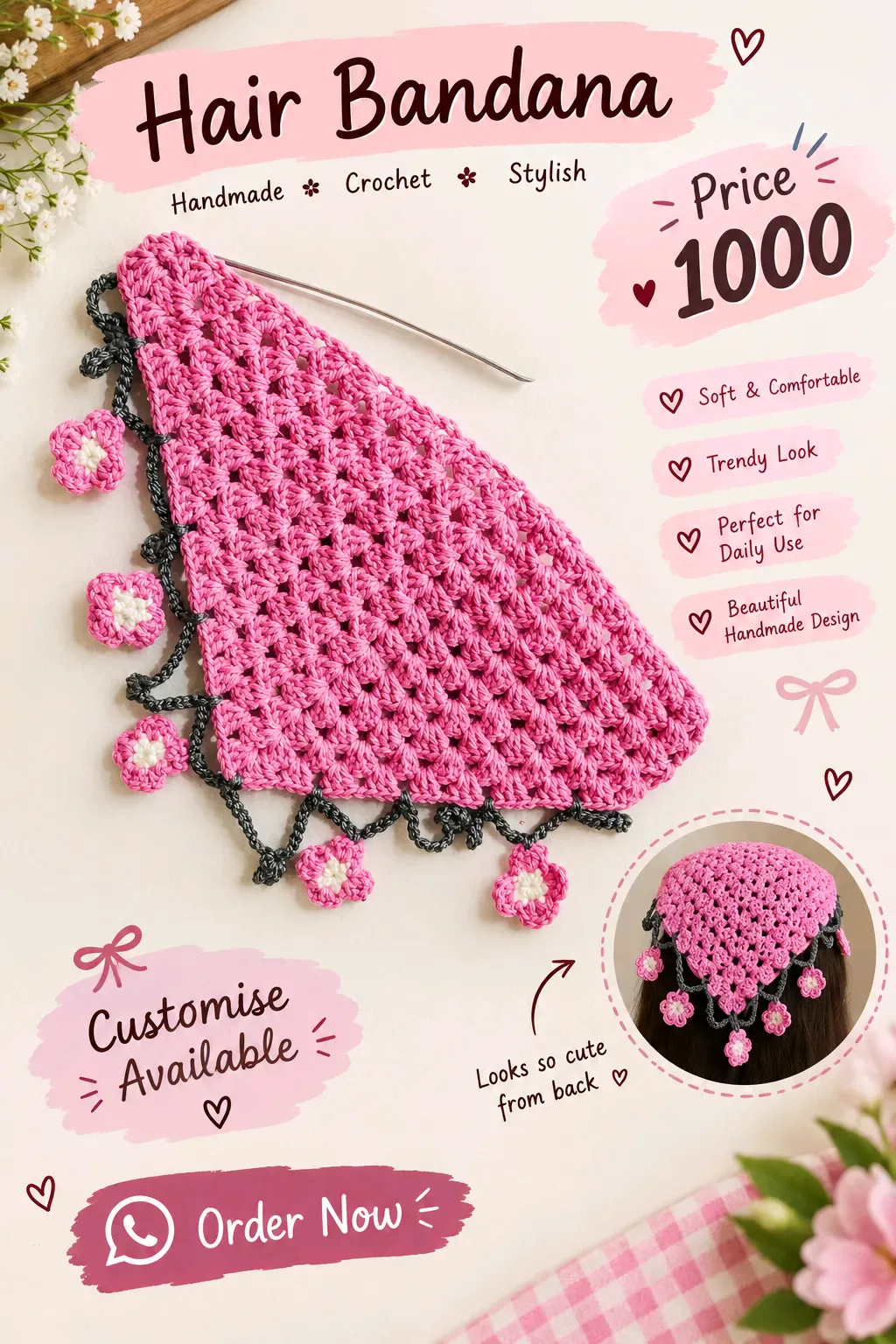Handmade Crochet Hair Bandana – Customise Available