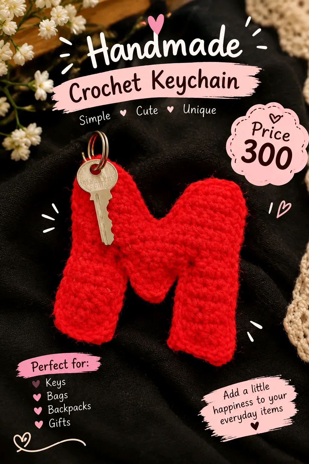 Handmade Crochet Letter M Keychain – Price 300
