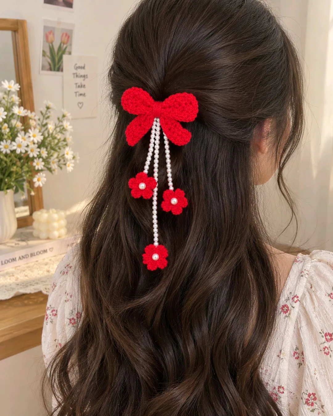 Red Crochet Bow Hair Clip 🎀