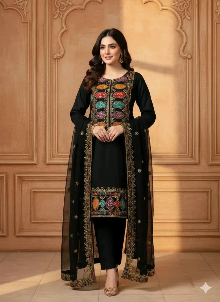 Black Sequins Embroidered Cotton Lawn 3-Piece Suit | Hikmat Collection Bannu